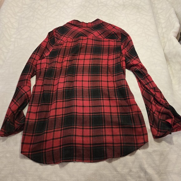 Two‎ Vince Camuto Shirt L Heather Red Gray Soft Plaid Flannel Long Bell Sl Tunic - Picture 9 of 9